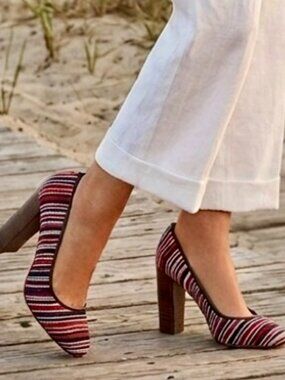 Share JCrew Collection beaded red, white & blue striped, stacked heels size 8